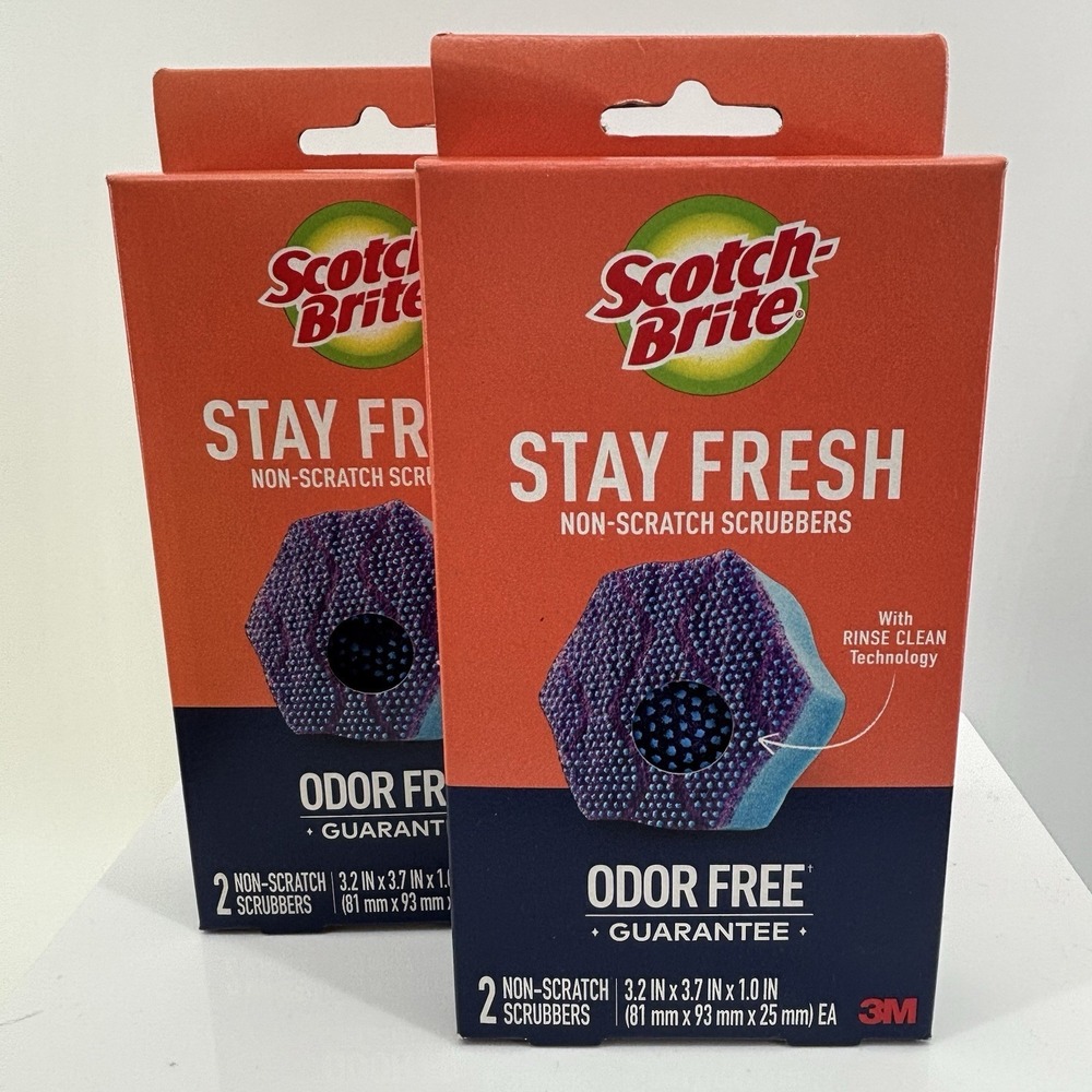 2 Packs Of Scotch-Brite Stay Fresh Non-Scratch Scrubbers 3M Odor Free 4 Sponges